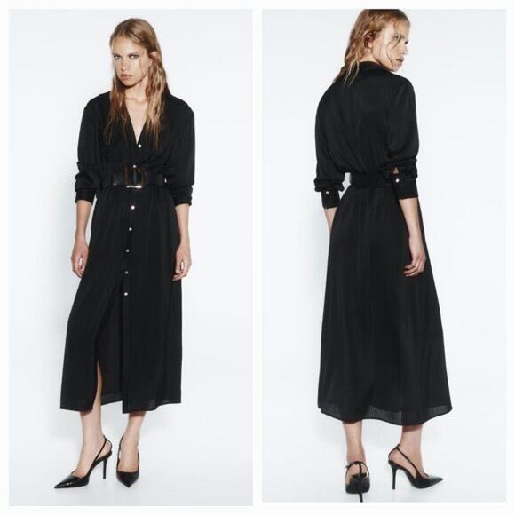 Zara Striped Button Front Ling Sleeve Shirt Dress Size XL Black - Picture 9 of 9